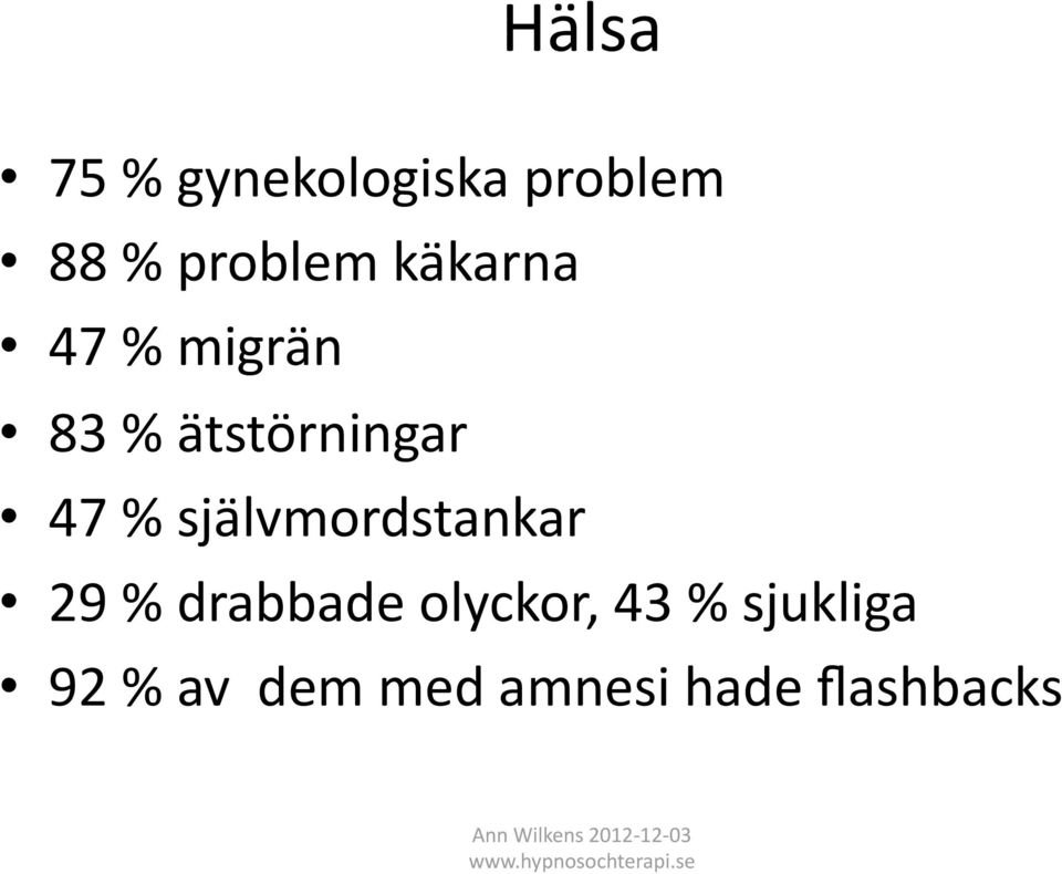 självmordstankar 29 % drabbade olyckor, 43 %