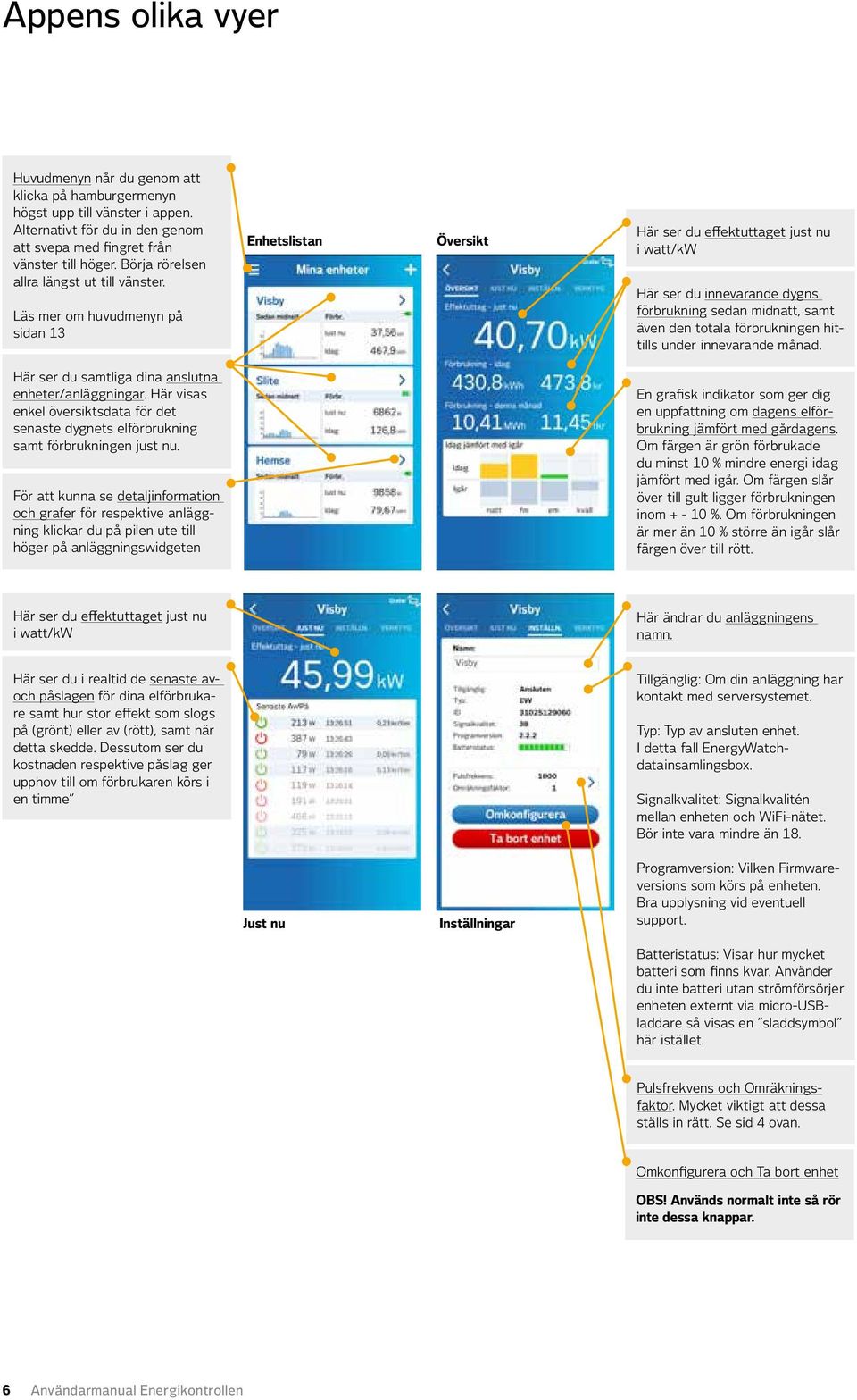 Läs mer om huvudmenyn på sidan 13 Enhetslistan Översikt Här ser du effektuttaget just nu i watt/kw Här ser du innevarande dygns förbrukning sedan midnatt, samt även den totala förbrukningen hittills