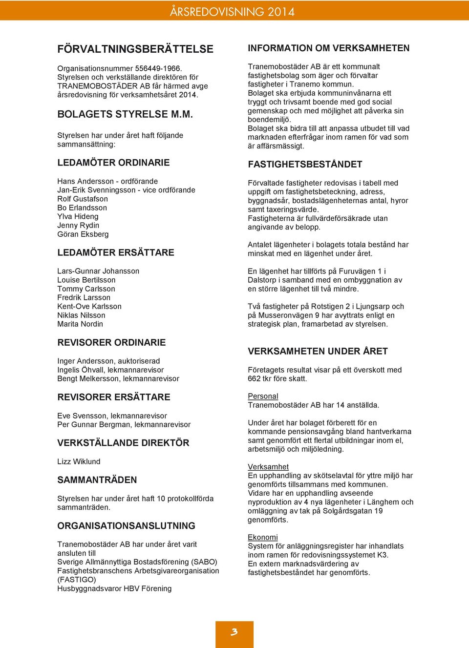 M. Styrelsen har under året haft följande sammansättning: LEDAMÖTER ORDINARIE Hans Andersson - ordförande Jan-Erik Svenningsson - vice ordförande Rolf Gustafson Bo Erlandsson Ylva Hideng Jenny Rydin