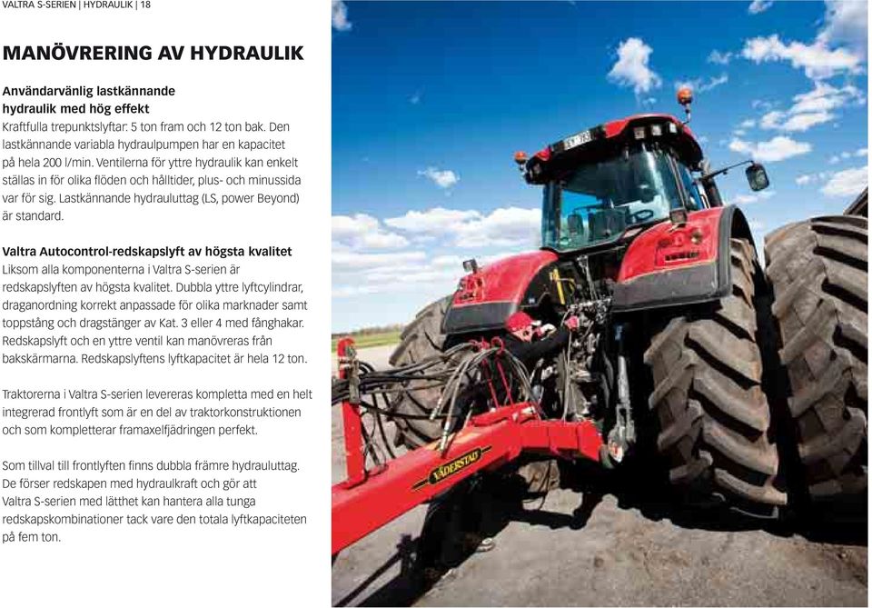 Lastkännande hydrauluttag (LS, power Beyond) är standard. Valtra Autocontrol-redskapslyft av högsta kvalitet Liksom alla komponenterna i Valtra S-serien är redskapslyften av högsta kvalitet.