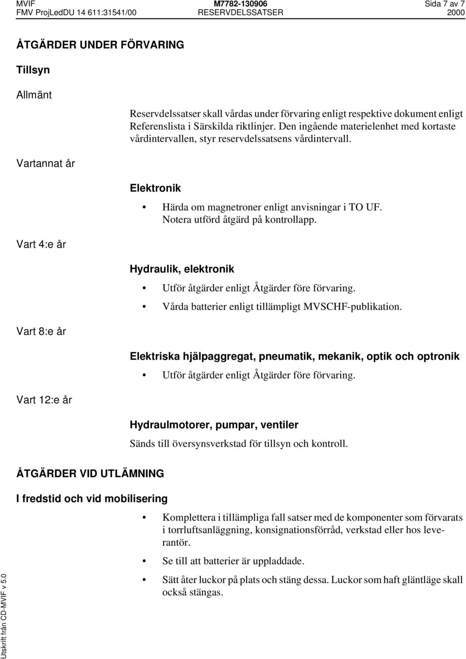 Notera utförd åtgärd på kontrollapp. Vart 4:e år Hydraulik, elektronik Utför åtgärder enligt Åtgärder före förvaring. Vårda batterier enligt tillämpligt MVSCHF-publikation.