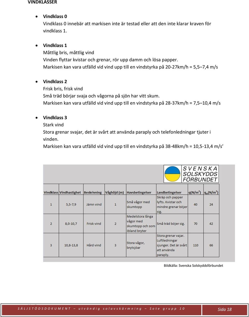 Markisen kan vara utfälld vid vind upp till en vindstyrka på 20-27km/h = 5,5 7,4 m/s Vindklass 2 Frisk bris, frisk vind Små träd börjar svaja och vågorna på sjön har vitt skum.