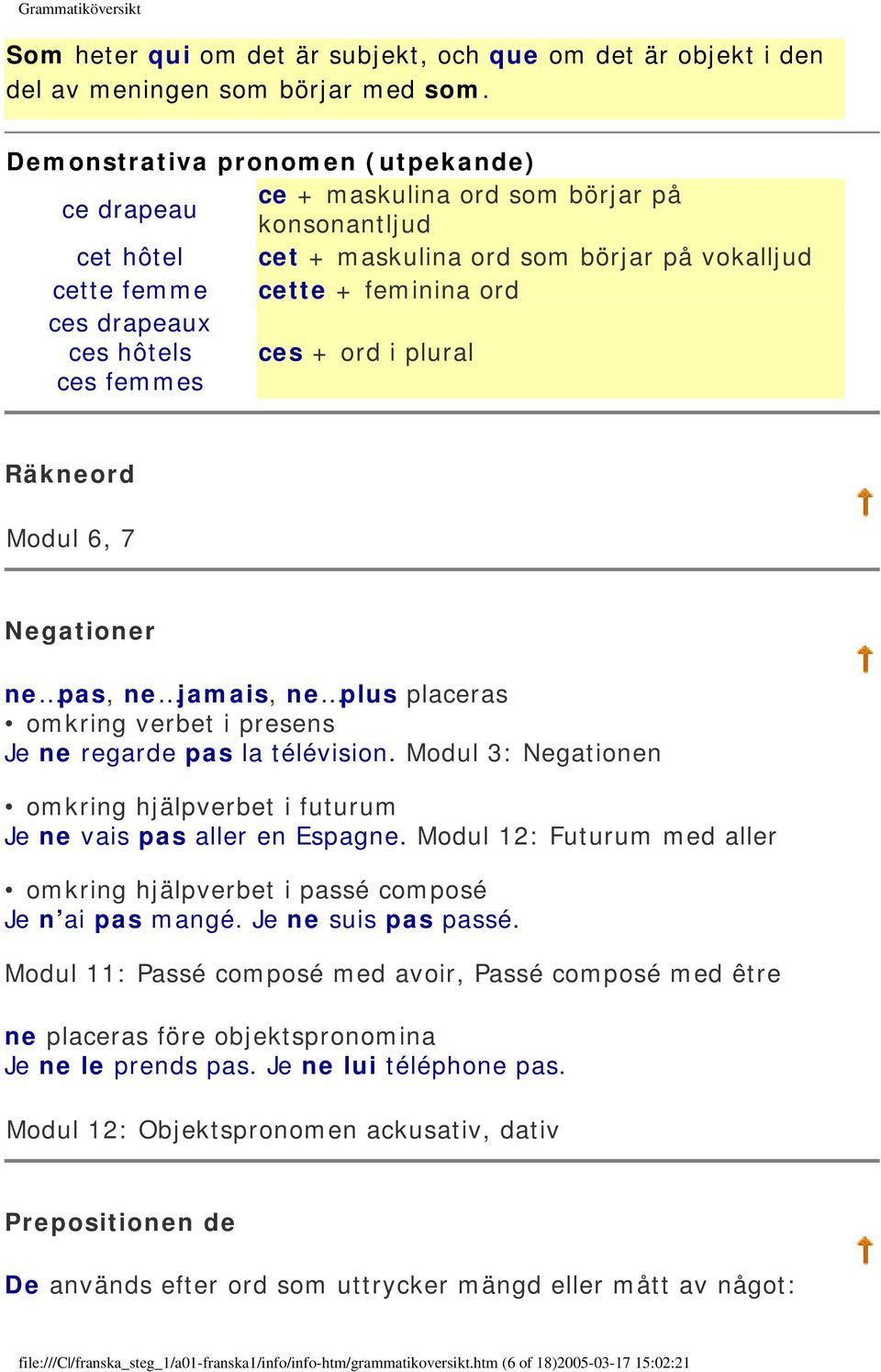 hôtels ces + ord i plural ces femmes Räkneord Modul 6, 7 Negationer ne pas, ne jamais, ne plus placeras omkring verbet i presens Je ne regarde pas la télévision.