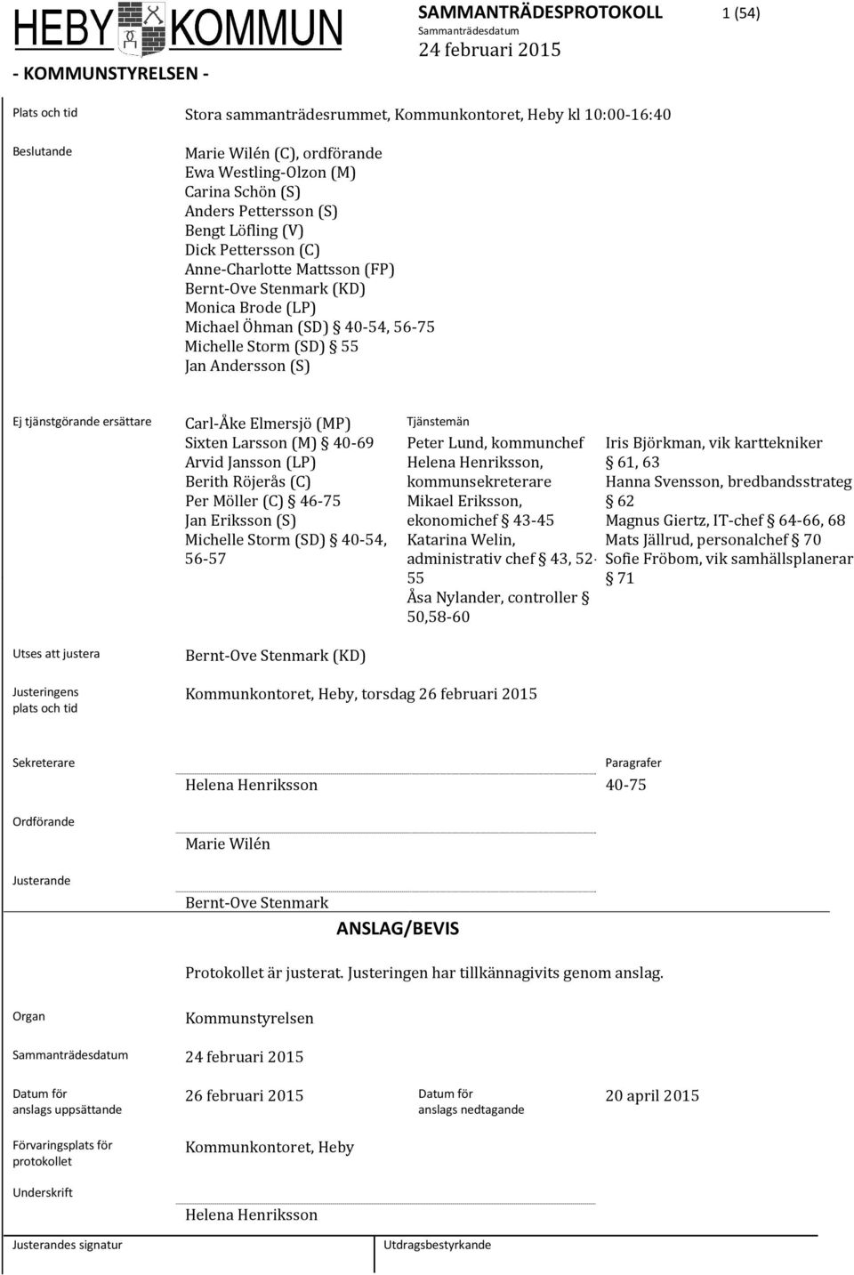 tjänstgörande ersättare Carl-Åke Elmersjö (MP) Tjänstemän Sixten Larsson (M) 40-69 Arvid Jansson (LP) Berith Röjerås (C) Per Möller (C) 46-75 Jan Eriksson (S) Michelle Storm (SD) 40-54, 56-57 Peter