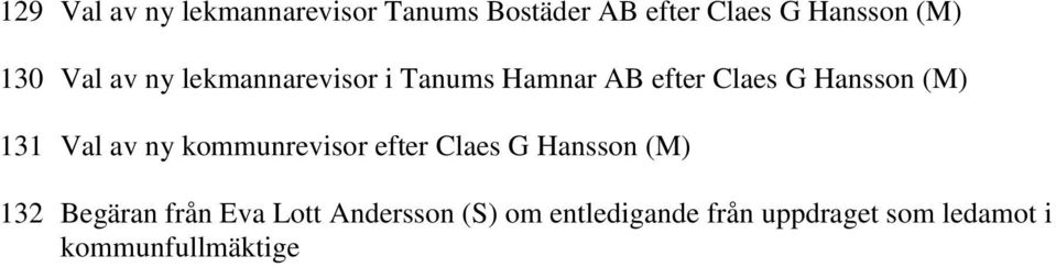 131 Val av ny kommunrevisor efter Claes G Hansson (M) 132 Begäran från Eva