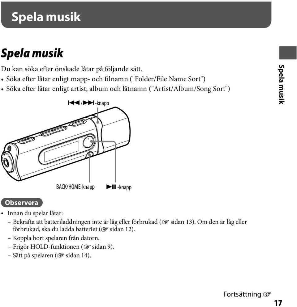 Sort") / -knapp Spela musik BACK/HOME-knapp -knapp Observera Innan du spelar låtar: Bekräfta att batteriladdningen inte är låg eller