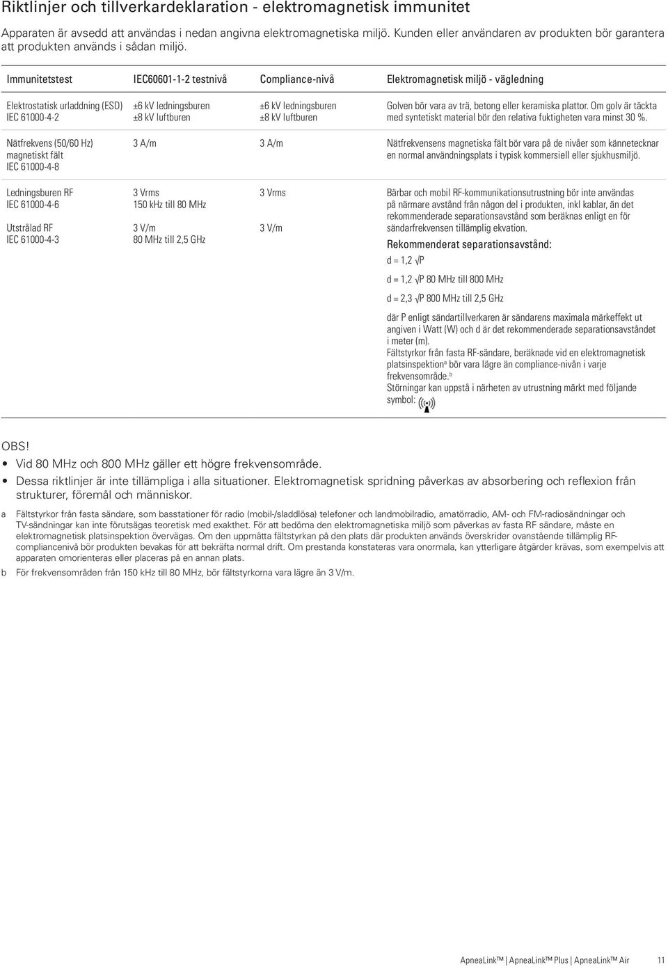 Immunitetstest IEC60601-1-2 testnivå Compliance-nivå Elektromagnetisk miljö - vägledning Elektrostatisk urladdning (ESD) IEC 61000-4-2 Golven bör vara av trä, betong eller keramiska plattor.