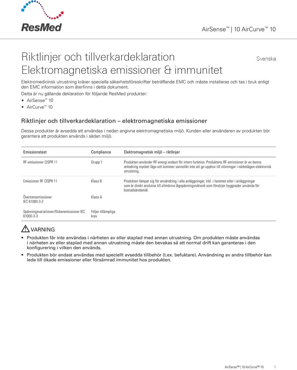 Detta är nu gällande deklaration för följande ResMed produkter: AirSense 10 AirCurve 10 Riktlinjer och tillverkardeklaration elektromagnetiska emissioner Dessa produkter är avsedda att användas i