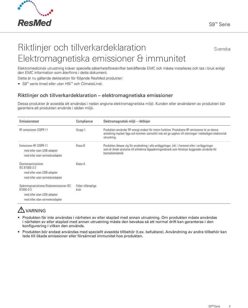 Riktlinjer och tillverkardeklaration elektromagnetiska emissioner Dessa produkter är avsedda att användas i nedan angivna elektromagnetiska miljö.