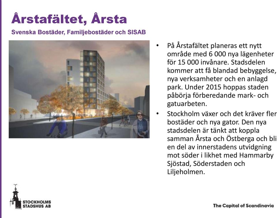 Under 2015 hoppas staden påbörja förberedande mark- och gatuarbeten. Stockholm växer och det kräver fler bostäder och nya gator.