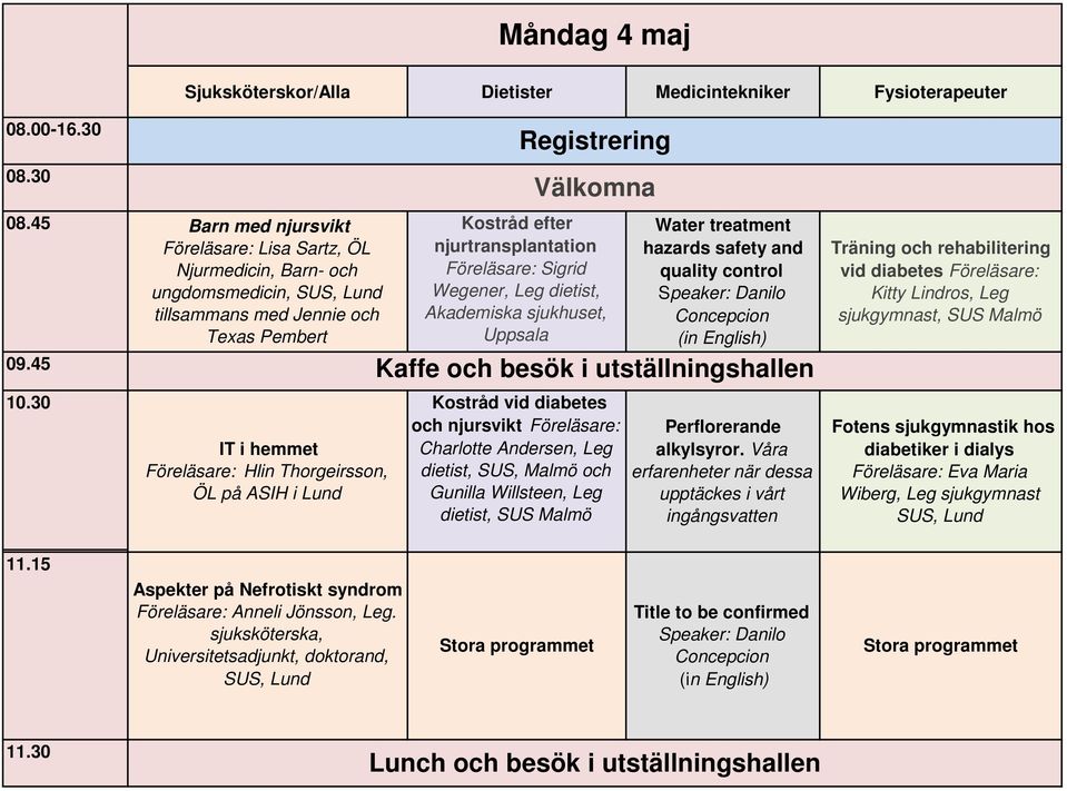 Registrering Välkomna Kostråd efter njurtransplantation Föreläsare: Sigrid Wegener, Leg dietist, Akademiska sjukhuset, Uppsala Kostråd vid diabetes och njursvikt Föreläsare: Charlotte Andersen, Leg