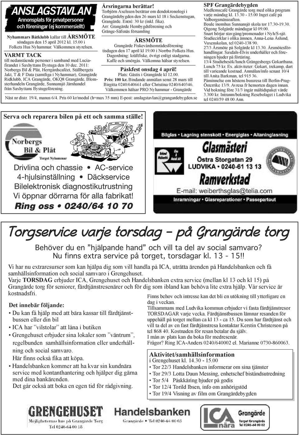 2011: Norbergs Bil & Plåt, Herrgårdscaféet, Ställbergets Jakt, T & F Data (samtliga i Nyhammar), Grangärde Ridklubb, ICA Grangärde, OKQ8 Grangärde, Blomsterhandeln Grangärde, Sunnansjö Järnhandel