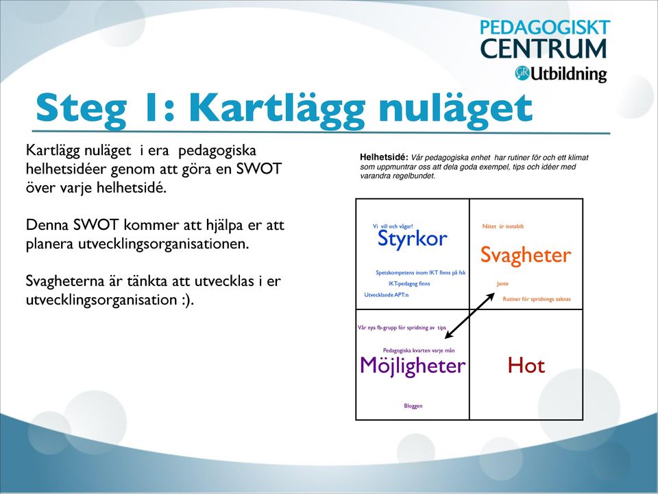 Helhetsidé: Vår pedagogiska enhet har rutiner för och ett klimat som uppmuntrar oss att dela goda exempel, tips och idéer med varandra regelbundet. Vi vill och vågar!