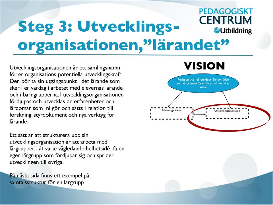 I utvecklingsorganisationen fördjupas och utvecklas de erfarenheter och lärdomar som ni gör och sätts i relation till forskning, styrdokument och nya verktyg för lärande.