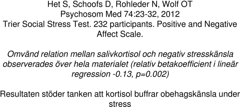 Omvänd relation mellan salivkortisol och negativ stresskänsla observerades över hela