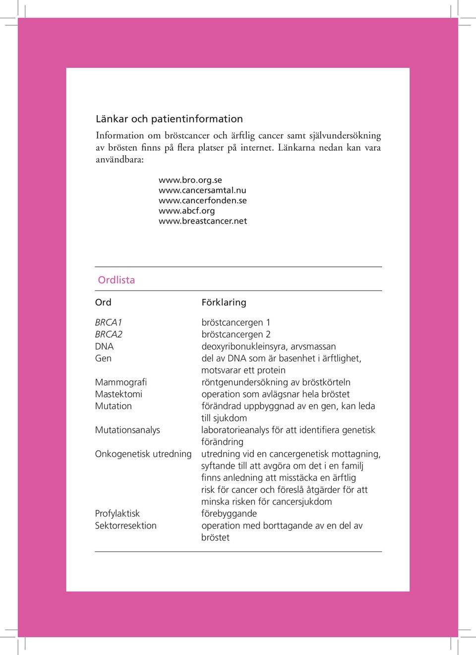 net Ordlista Ord Förklaring BRCA1 bröstcancergen 1 BRCA2 bröstcancergen 2 DNA deoxyribonukleinsyra, arvsmassan Gen del av DNA som är basenhet i ärftlighet, motsvarar ett protein Mammografi