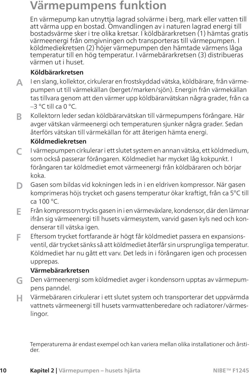 I köldmediekretsen (2) höjer värmepumpen den hämtade värmens låga temperatur till en hög temperatur. I värmebärarkretsen (3) distribueras värmen ut i huset.