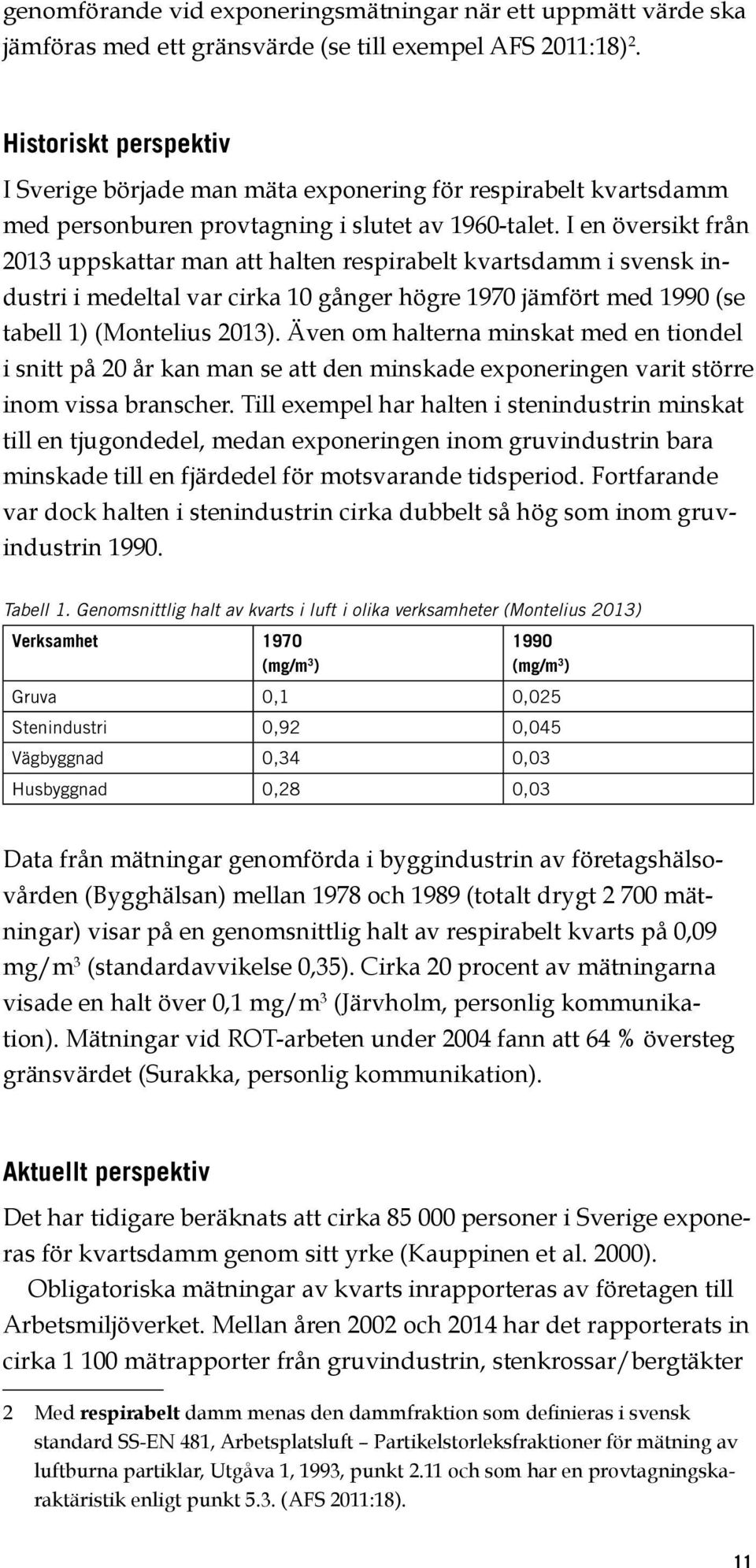 I en översikt från 2013 uppskattar man att halten respirabelt kvartsdamm i svensk industri i medeltal var cirka 10 gånger högre 1970 jämfört med 1990 (se tabell 1) (Montelius 2013).