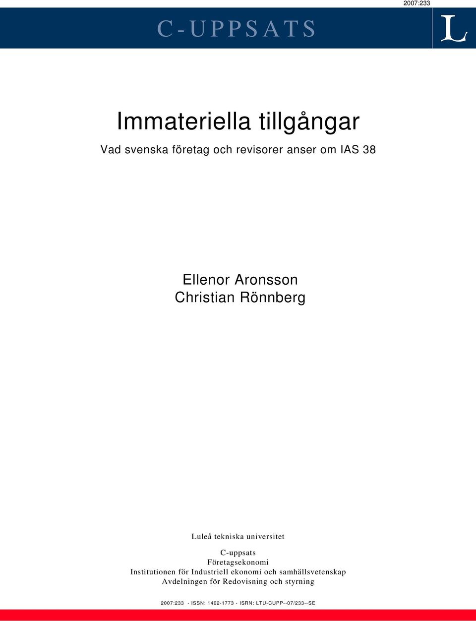 Företagsekonomi Institutionen för Industriell ekonomi och samhällsvetenskap