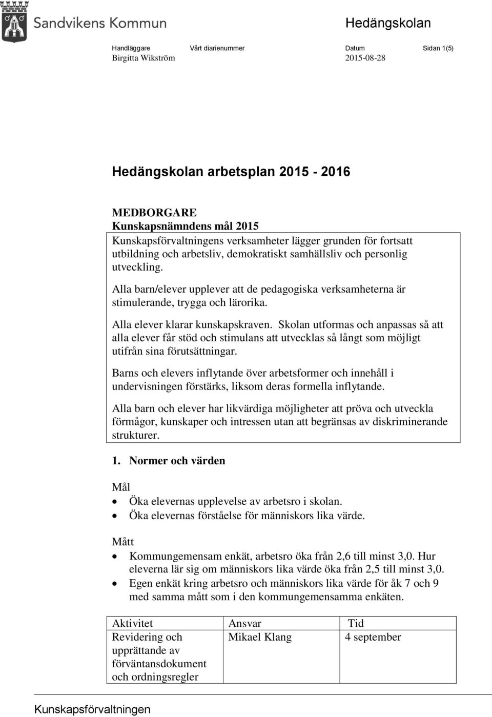 Alla barn/elever upplever att de pedagogiska verksamheterna är stimulerande, trygga och lärorika. Alla elever klarar kunskapskraven.