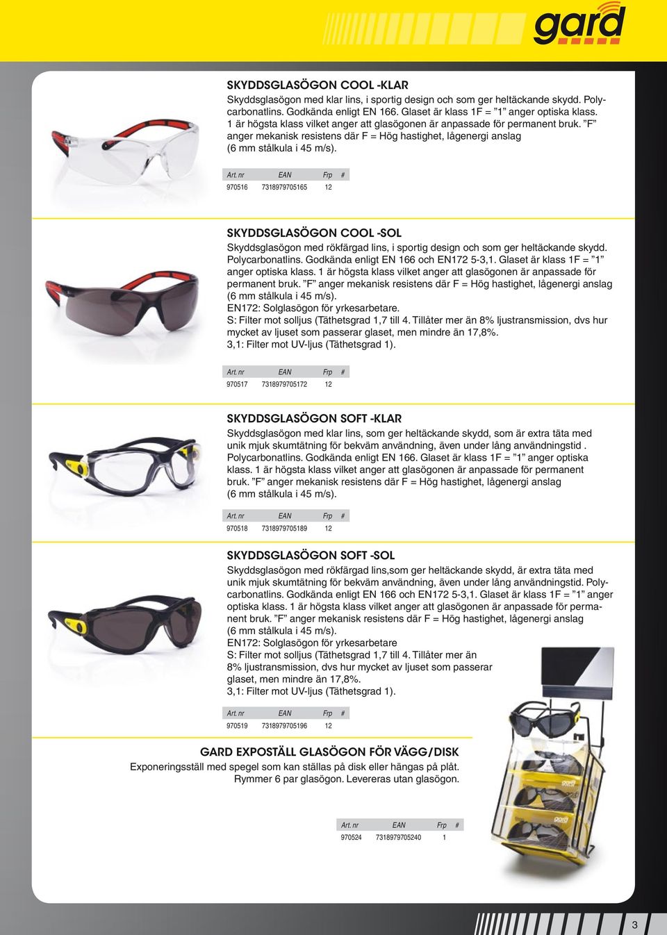 970516 7318979705165 12 Skyddsglasögon Cool -sol Skyddsglasögon med rökfärgad lins, i sportig design och som ger heltäckande skydd. Polycarbonatlins. Godkända enligt EN 166 och EN172 5-3,1.