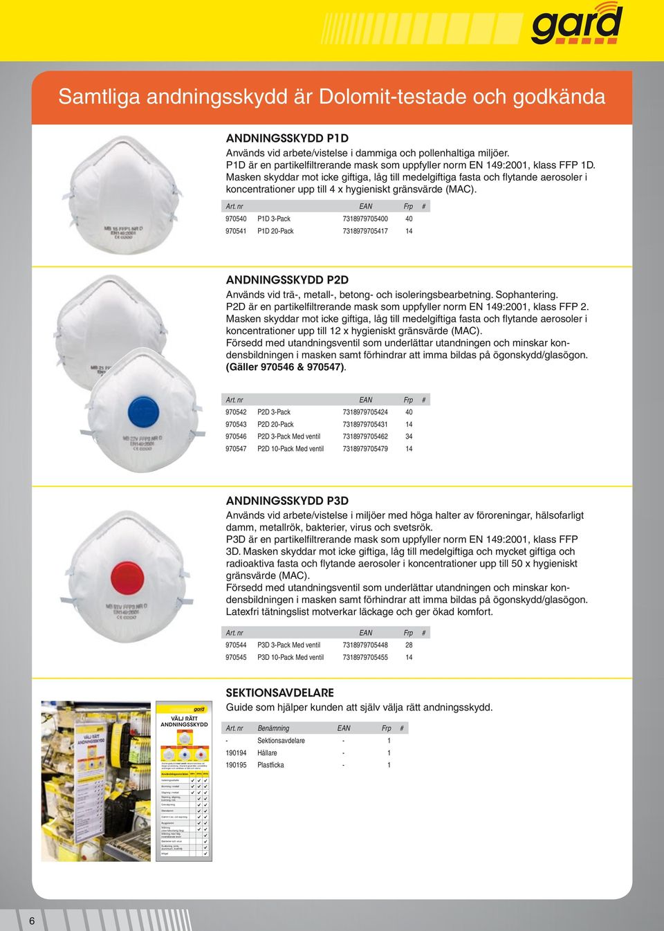 Masken skyddar mot icke giftiga, låg till medelgiftiga fasta och flytande aerosoler i koncentrationer upp till 4 x hygieniskt gränsvärde (MAC).