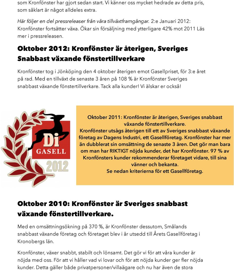 Oktober 2012: Kronfönster är återigen, Sveriges Snabbast växande fönstertillverkare Kronfönster tog i Jönköping den 4 oktober återigen emot Gasellpriset, för 3:e året på rad.