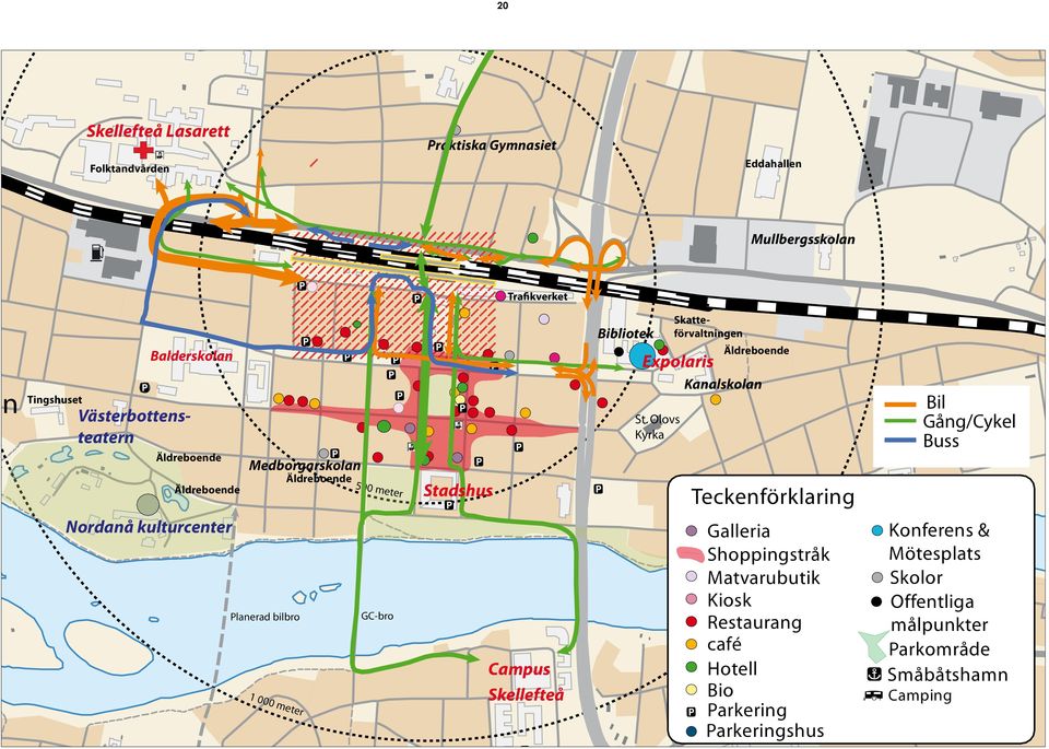 Olovs Kyrka Skatte- förvaltningen Äldreboende Kanalskolan Teckenförklaring Bil Gång/Cykel Buss Nordanå kulturcenter Planerad bilbro 1 000 meter