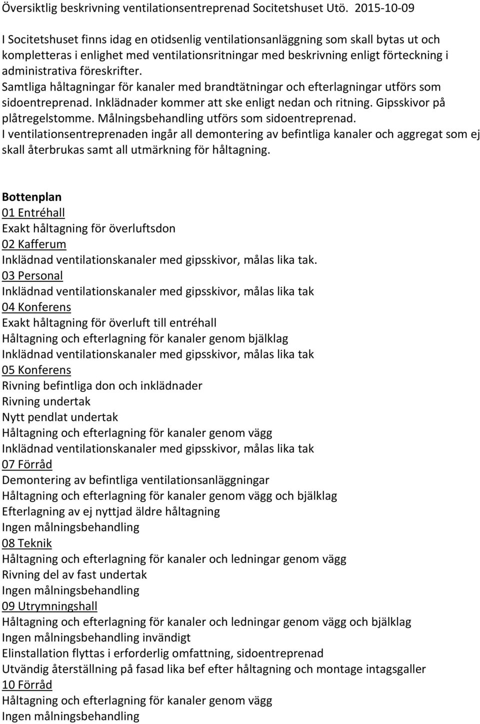 föreskrifter. Samtliga håltagningar för kanaler med brandtätningar och efterlagningar utförs som sidoentreprenad. Inklädnader kommer att ske enligt nedan och ritning. Gipsskivor på plåtregelstomme.