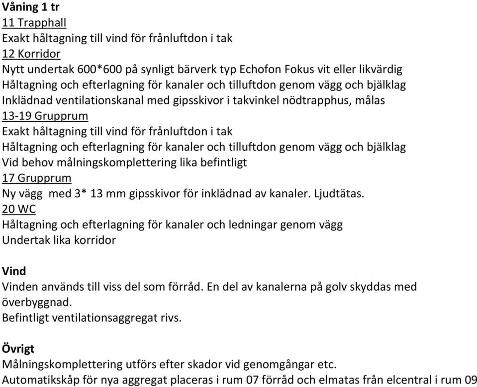 efterlagning för kanaler och tilluftdon genom vägg och bjälklag Vid behov målningskomplettering lika befintligt 17 Grupprum Ny vägg med 3* 13 mm gipsskivor för inklädnad av kanaler. Ljudtätas.