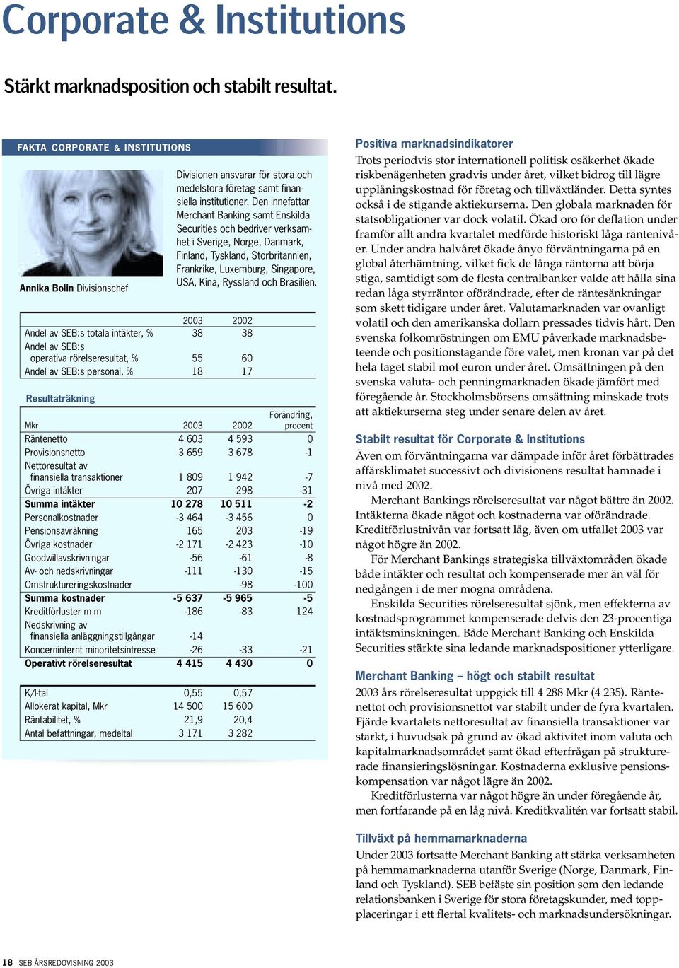 Den innefattar Merchant Banking samt Enskilda Securities och bedriver verksamhet i Sverige, Norge, Danmark, Finland, Tyskland, Storbritannien, Frankrike, Luxemburg, Singapore, USA, Kina, Ryssland och