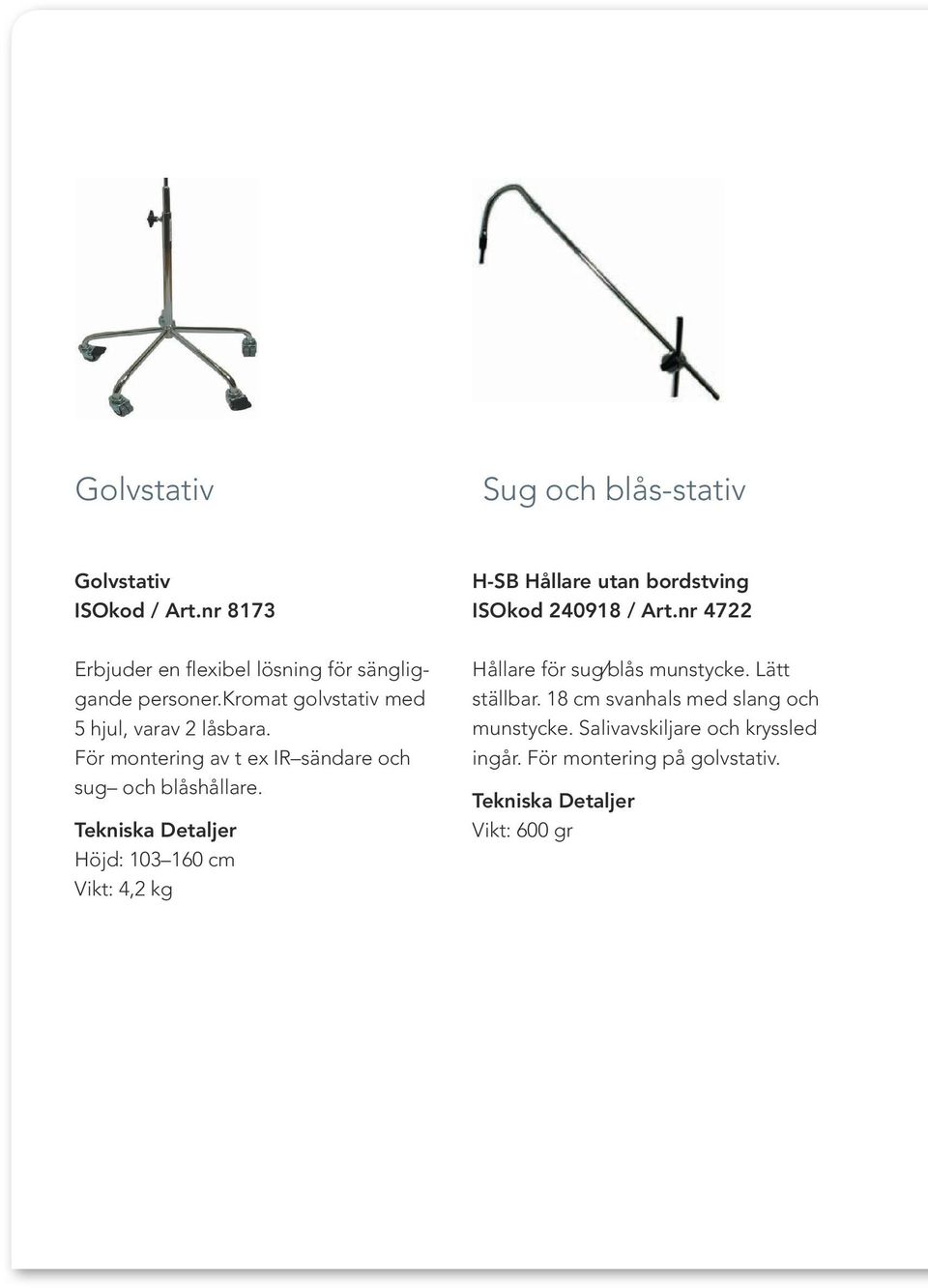 Tekniska Detaljer Höjd: 103 160 cm Vikt: 4,2 kg H-SB Hållare utan bordstving ISOkod 240918 / Art.