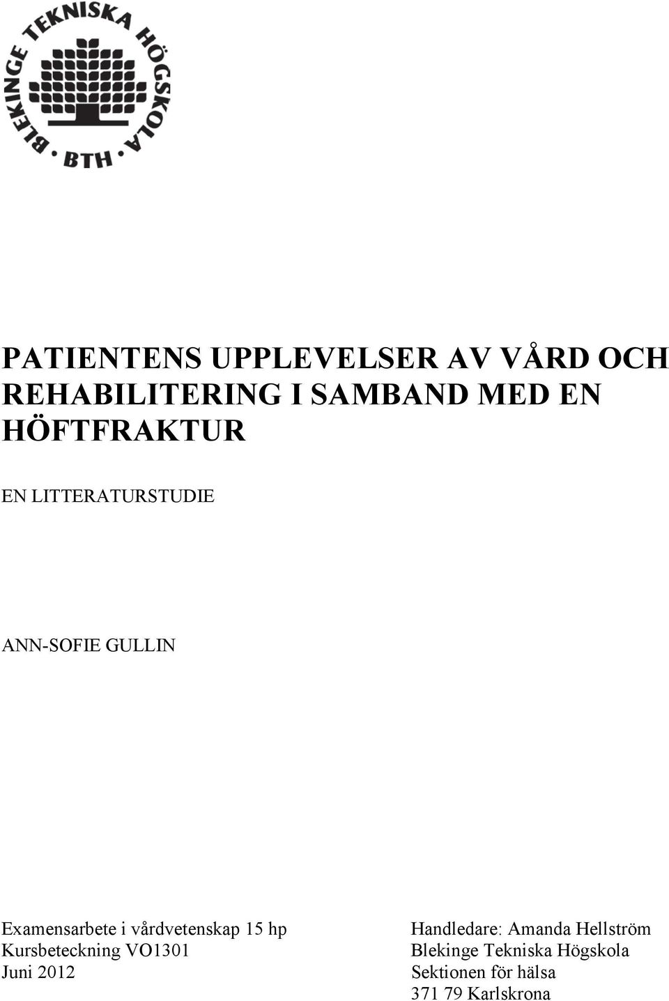 vårdvetenskap 15 hp Kursbeteckning VO1301 Juni 2012 Handledare: