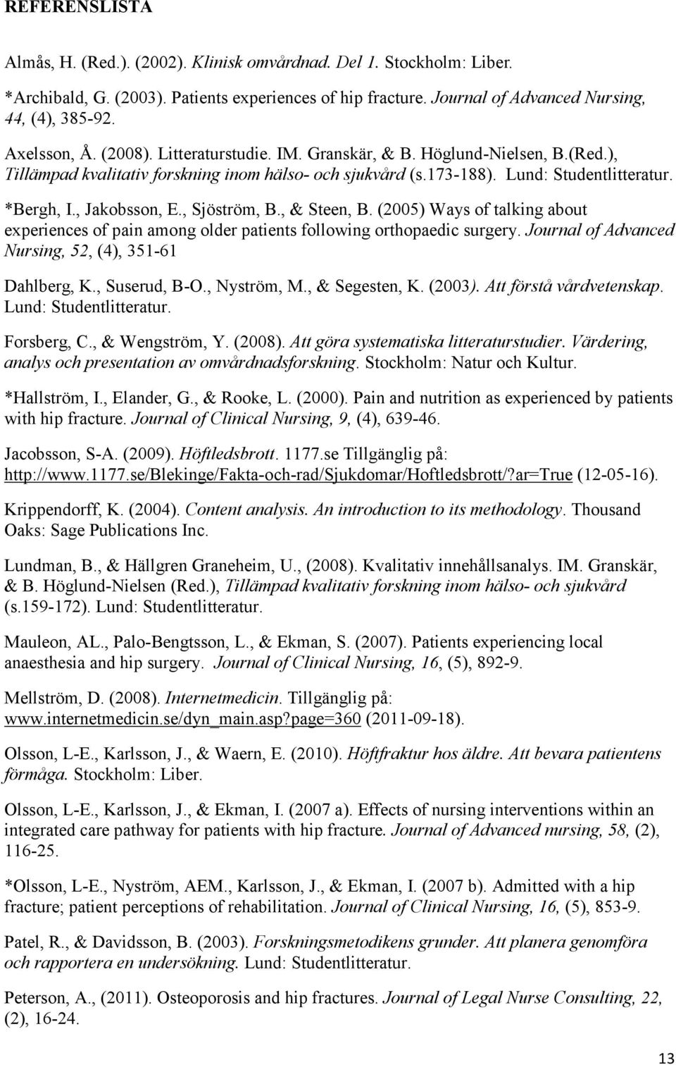 , Jakobsson, E., Sjöström, B., & Steen, B. (2005) Ways of talking about experiences of pain among older patients following orthopaedic surgery.