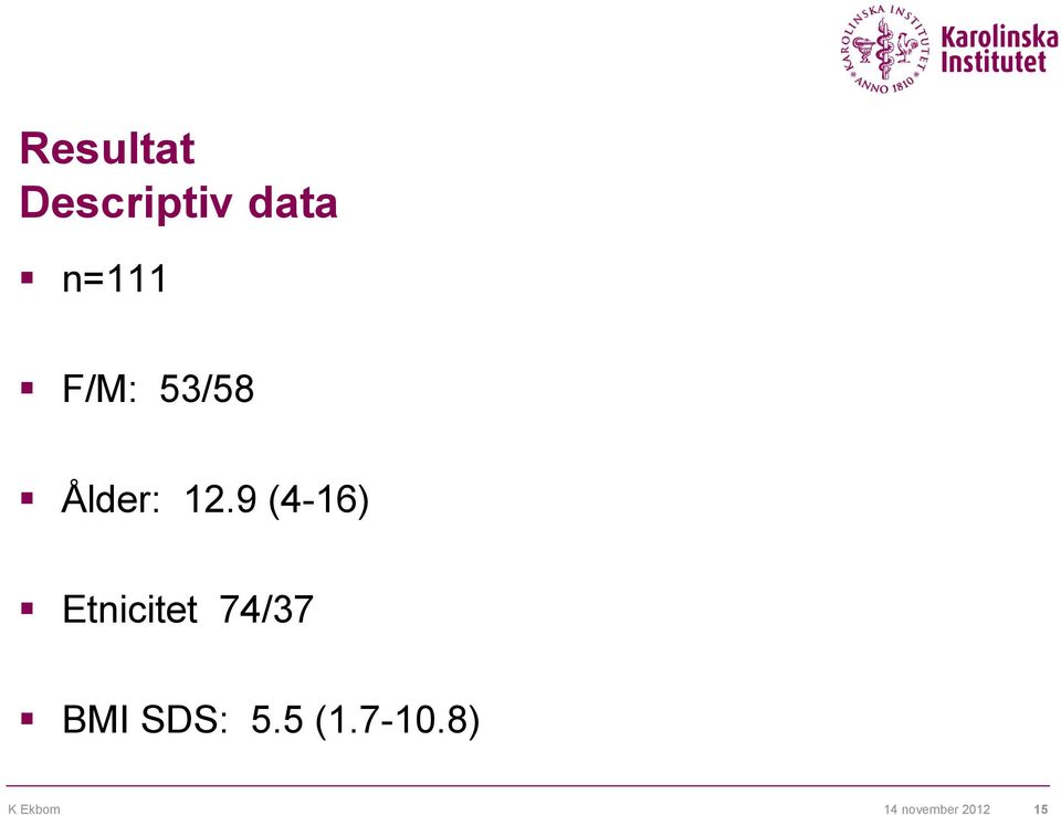 9 (4-16) Etnicitet 74/37 BMI