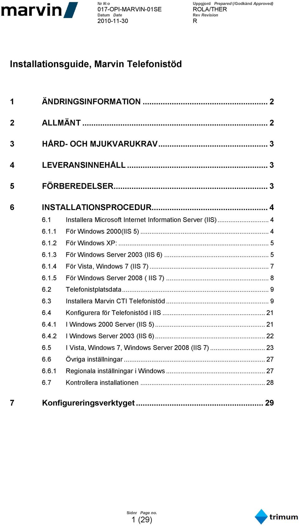 .. 7 6.1.5 För Windows Server 2008 ( IIS 7)... 8 6.2 Telefonistplatsdata... 9 6.3 Installera Marvin CTI Telefonistöd... 9 6.4 Konfigurera för Telefonistöd i IIS... 21 6.4.1 I Windows 2000 Server (IIS 5).