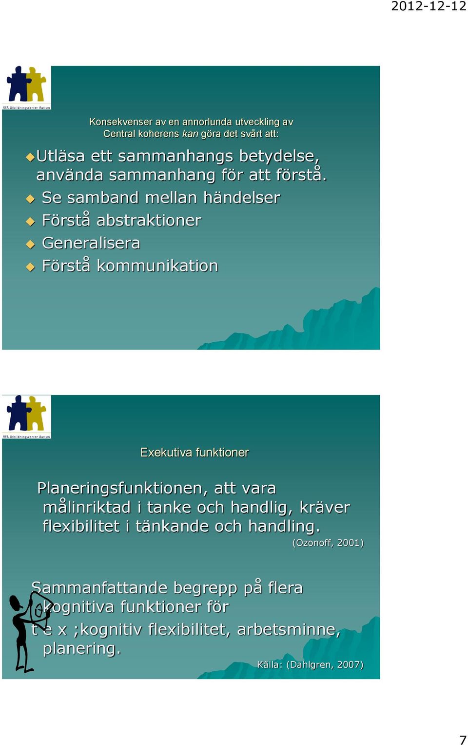 Se samband mellan händelser Förstå abstraktioner Generalisera Förstå kommunikation Exekutiva funktioner Planeringsfunktionen, att