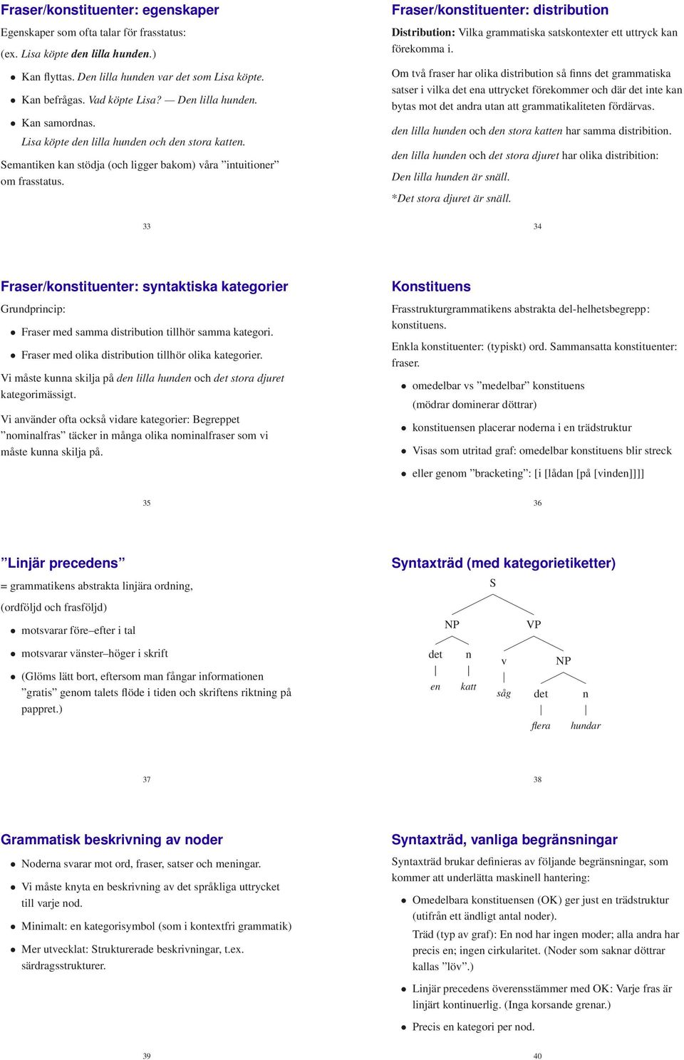 Fraser/konstituenter: distribution Distribution: Vilka grammatiska satskontexter ett uttryck kan förekomma i.