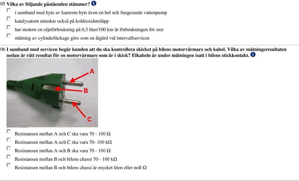 mätning av cylinderläckage görs som en åtgärd vid intervallservicen 06 I samband med servicen begär kunden att du ska kontrollera skicket på bilens motorvärmare och kabel.