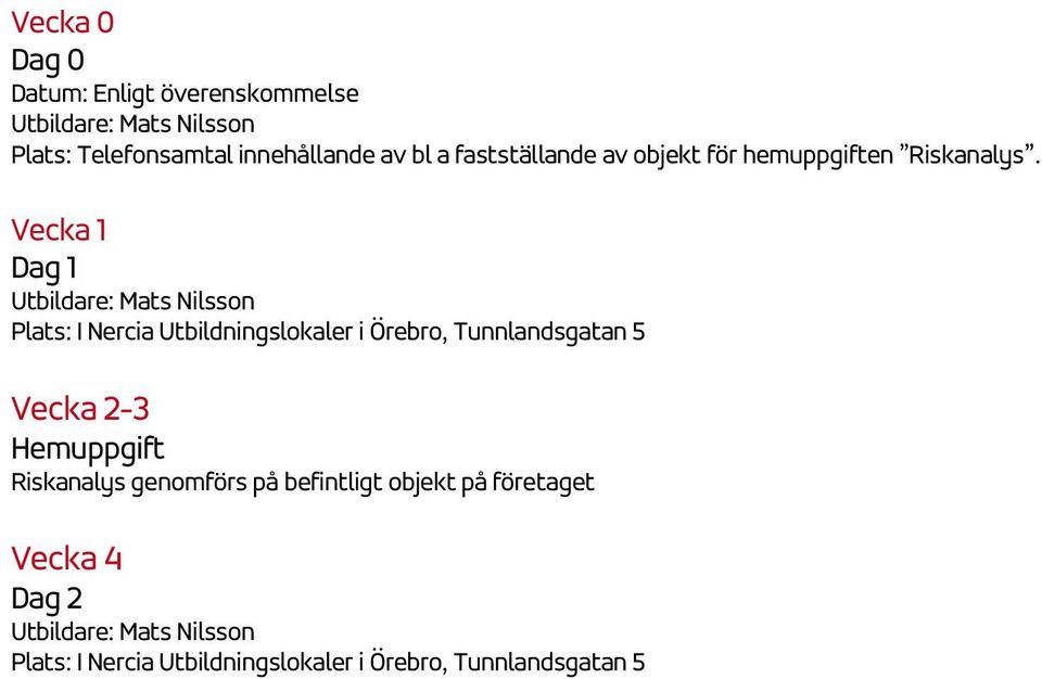 Vecka 1 Dag 1 Utbildare: Mats Nilsson Plats: I Nercia Utbildningslokaler i Örebro, Tunnlandsgatan 5 Vecka 2-3