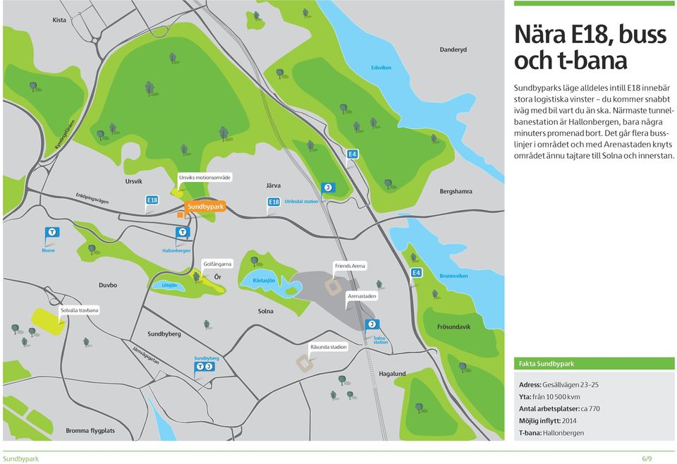 Enköpingsvägen Ursvik E18 Ursviks motionsområde Sundbypark Järva E18 Ulriksdal station Bergshamra Rissne Hallonbergen Duvbo Lötsjön Golfängarna Ör Råstasjön Friends Arena E4 Brunnsviken Arenastaden