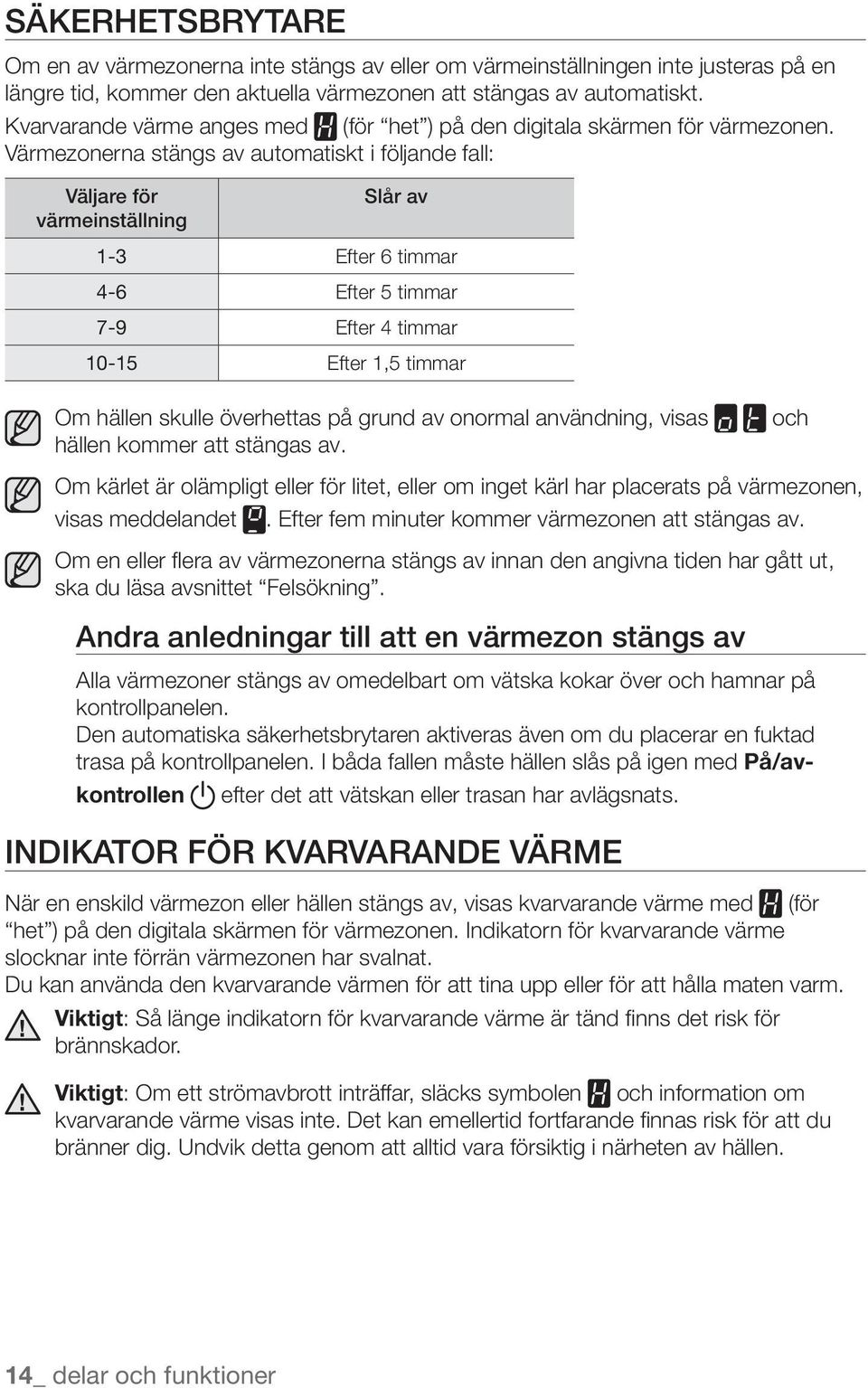Värmezonerna stängs av automatiskt i följande fall: Väljare för värmeinställning Slår av 1-3 Efter 6 timmar 4-6 Efter 5 timmar 7-9 Efter 4 timmar 10-15 Efter 1,5 timmar Om hällen skulle överhettas på