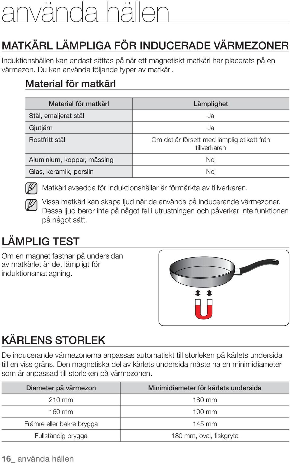 tillverkaren Nej Nej Matkärl avsedda för induktionshällar är förmärkta av tillverkaren. Vissa matkärl kan skapa ljud när de används på inducerande värmezoner.