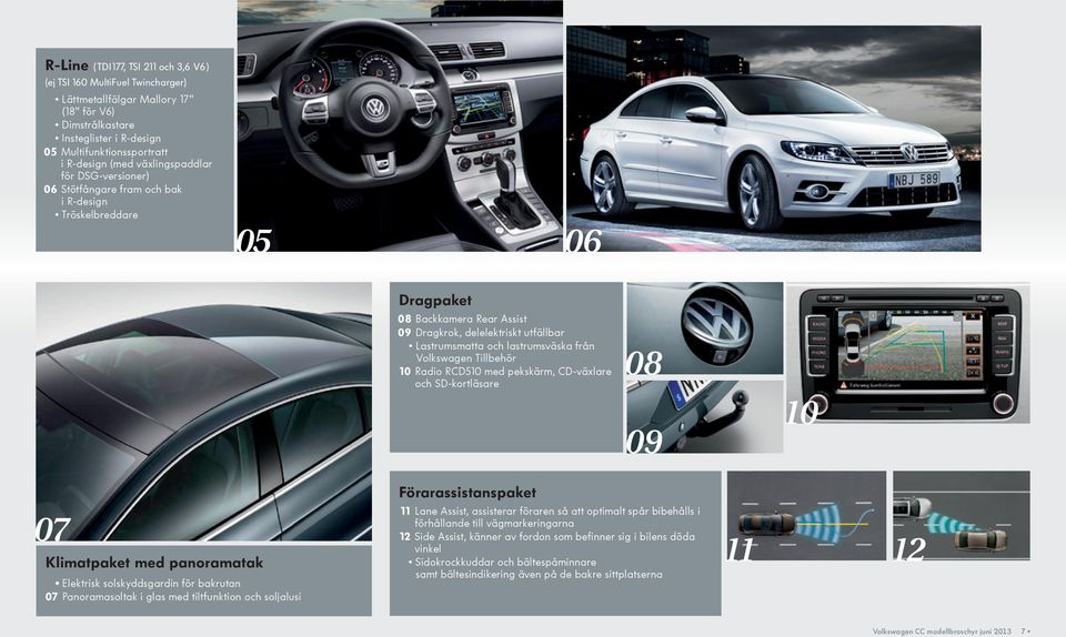 lastrumsväska från Volkswagen Tillbehör 10 Radio RCD510 med pekskärm, CD-växlare och SD-kortläsare 08 09 10 Förarassistanspaket 07 Klimatpaket med panoramatak Elektrisk solskydds gardin för bakrutan