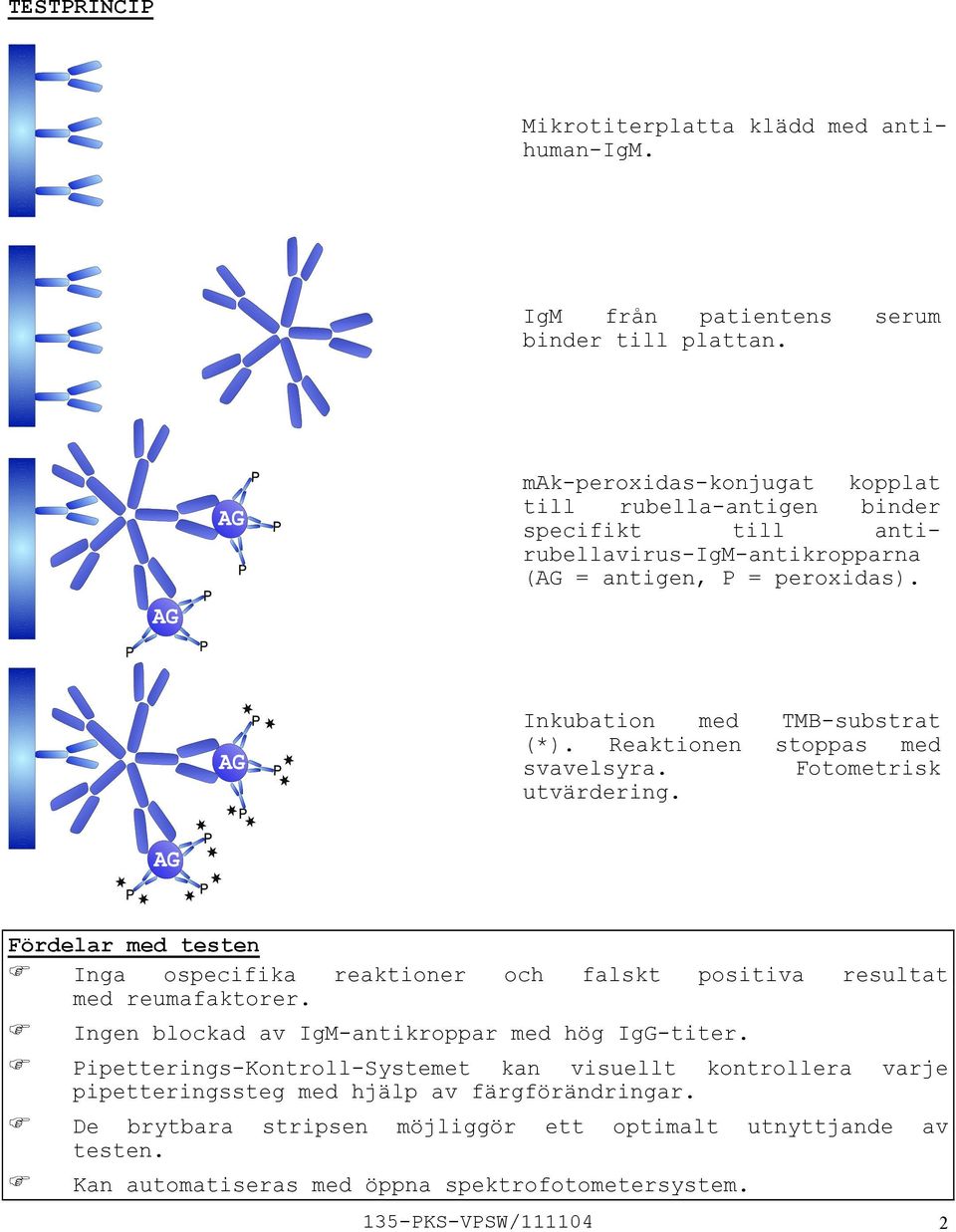 Reaktionen stoppas med svavelsyra. Fotometrisk utvärdering. Fördelar med testen Inga ospecifika reaktioner och falskt positiva resultat med reumafaktorer.