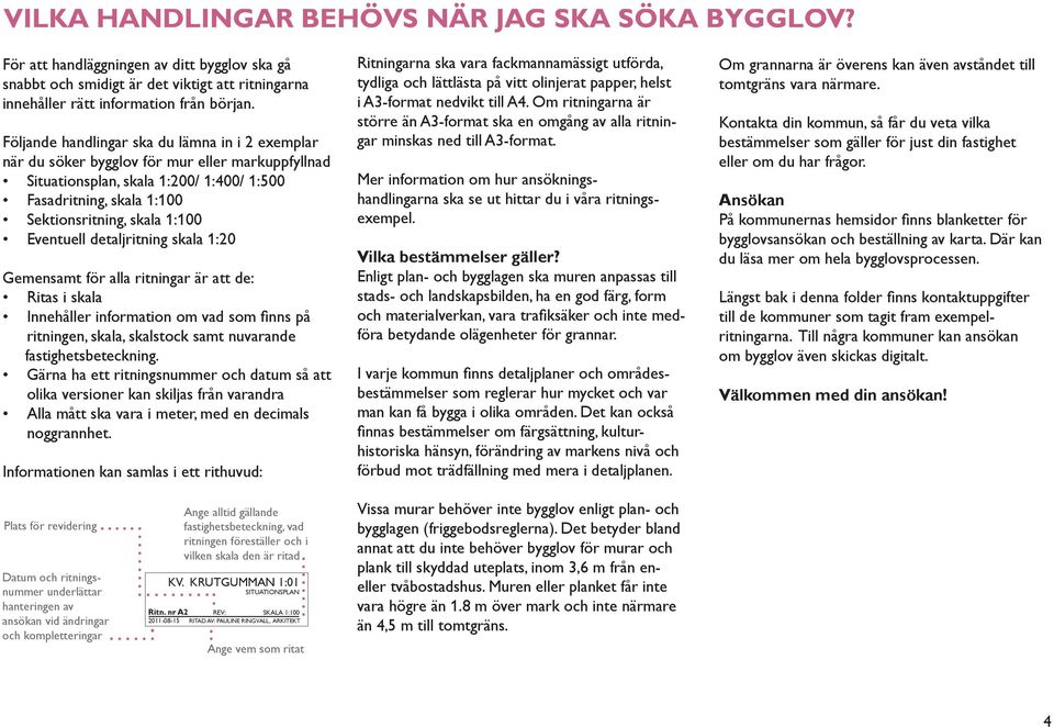 Eventuell detaljritning skala 1:20 Gemensamt för alla ritningar är att de: Ritas i skala Innehåller information om vad som fi nns på ritningen, skala, skalstock samt nuvarande fastighetsbeteckning.