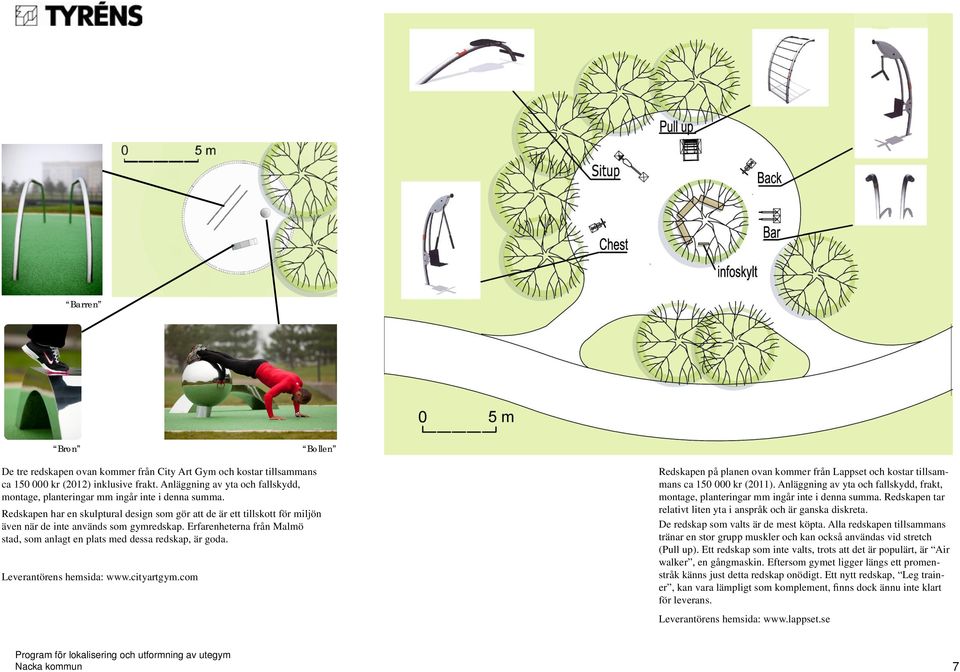 Redskapen har en skulptural design som gör att de är ett tillskott för miljön även när de inte används som gymredskap. Erfarenheterna från Malmö stad, som anlagt en plats med dessa redskap, är goda.