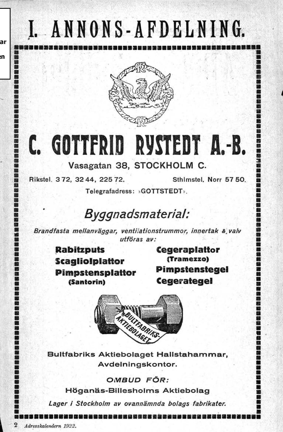 : :, Pimpstensplattor Pimpstenstegel :,'. (Santorin. Cegeratege I..'. \ / '. I..'. : Bultfabriks Aktiebolaget Hallstahammar, : : Avdelningskontor.