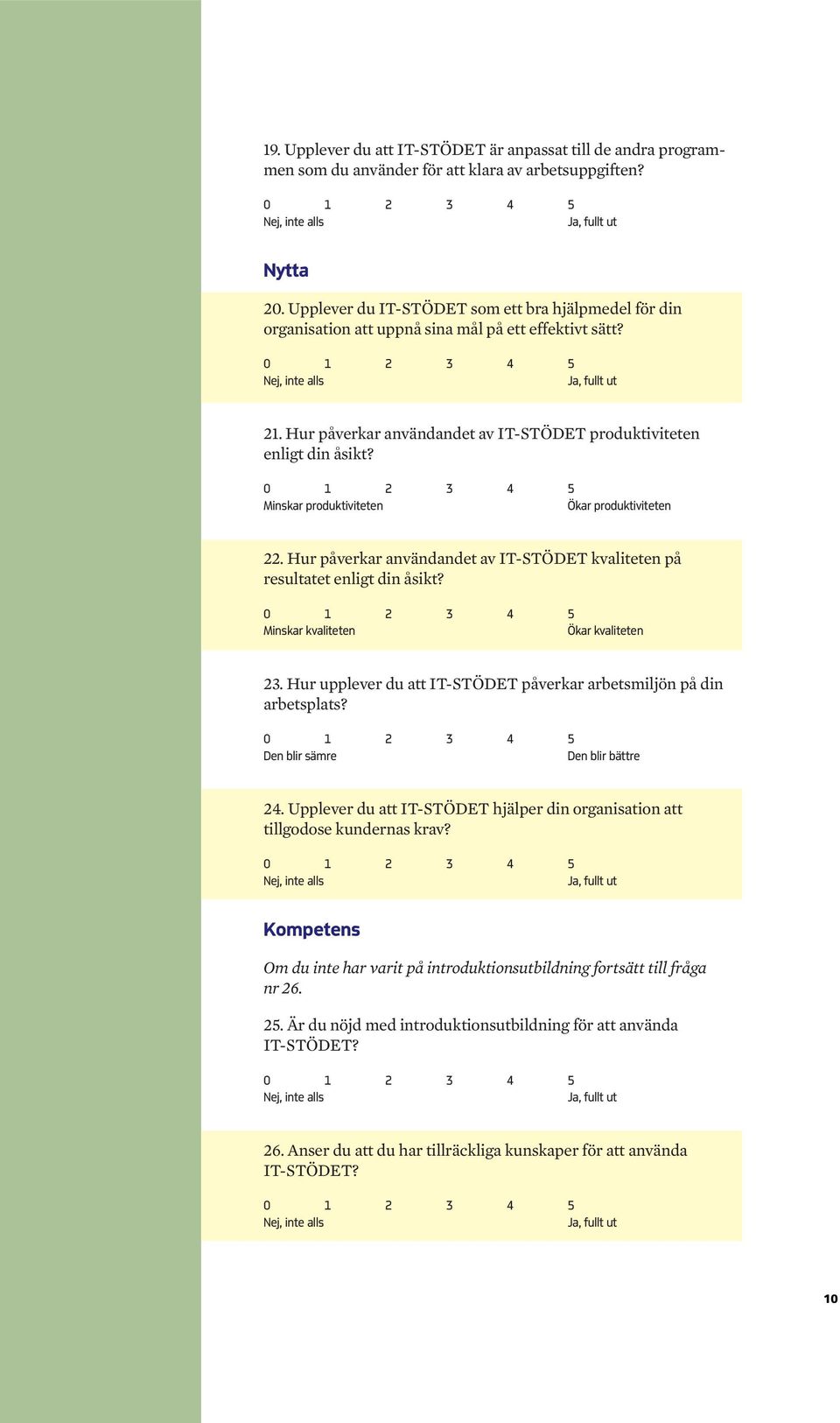 Minskar produktiviteten Ökar produktiviteten 22. Hur påverkar användandet av IT-STÖDET kvaliteten på resultatet enligt din åsikt? Minskar kvaliteten Ökar kvaliteten 23.