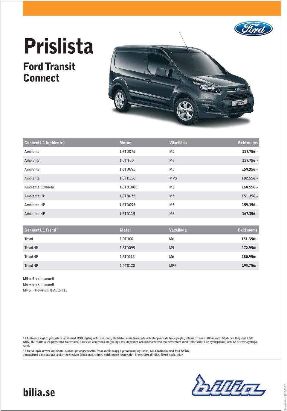 356:- Connect L1 Trend 2 Motor Växellåda Exkl moms Trend 1.0T 100 M6 151.356:- Trend HP 1.6TD095 M5 172.956:- Trend HP 1.6TD115 M6 180.956:- Trend HP 1.5TD120 MPS 193.